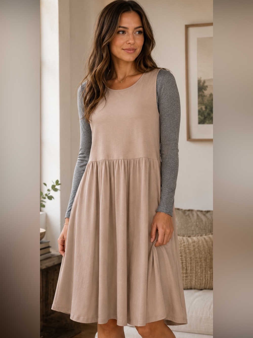 Sleeveless Stretch Knit Dress in Taupe Great for Fall with tights and sweaters.